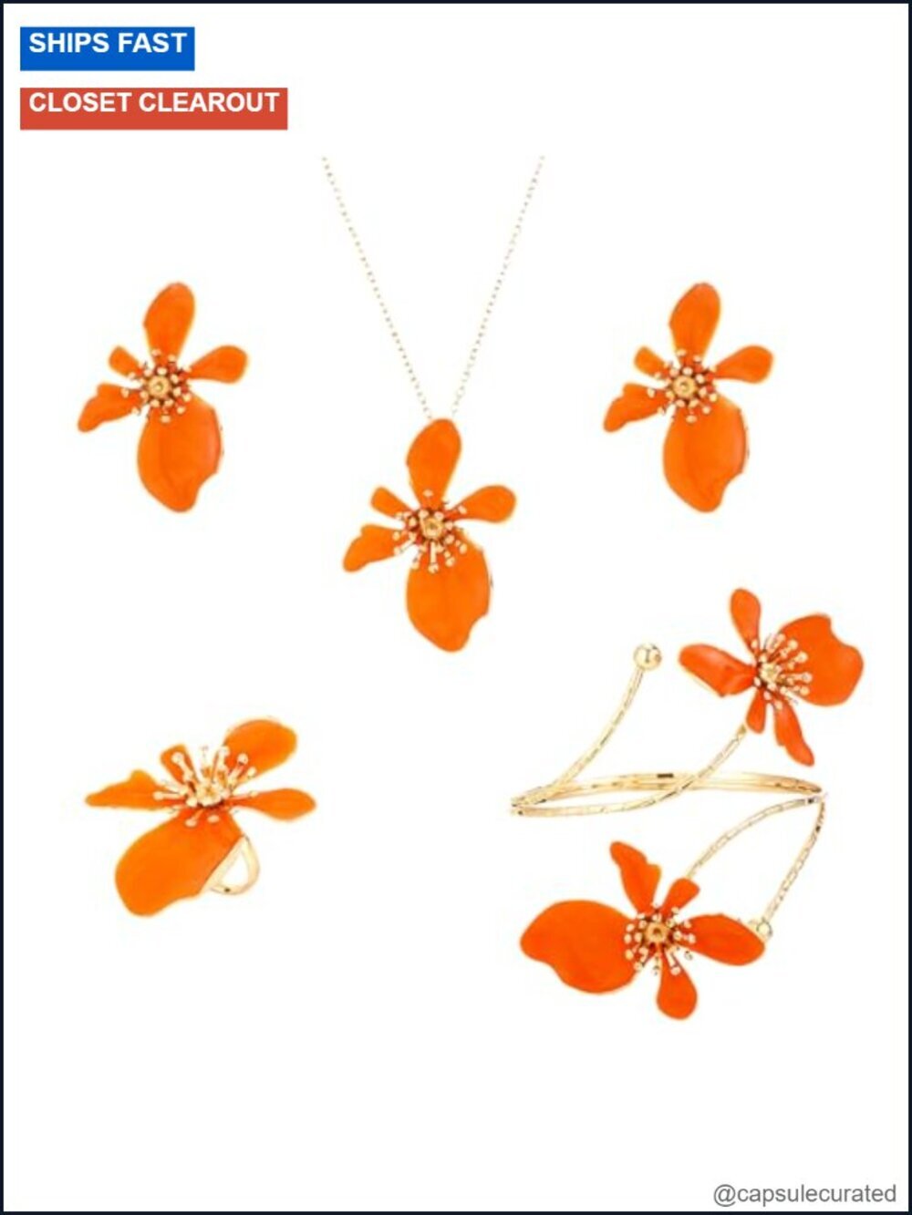 4PCS Floral Cuff Arm Bracelet Earring Necklace Ring Jewelry Set Chunky